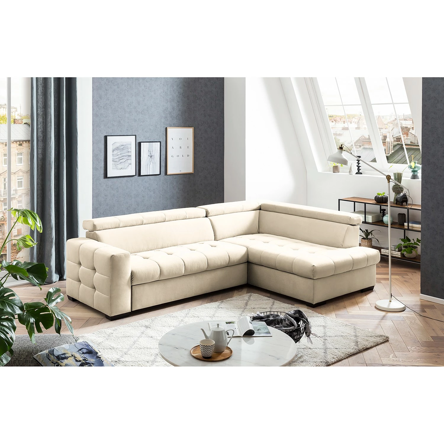 Loftscape Canapé d’angle Eloise - Microfibre - Microfibre Faria: Cachemire - Méridienne longue à droite (vue de face) - Sans fonction couchage 4 Loftscape Canapé d’angle Eloise - Microfibre - Microfibre Faria: Cachemire - Méridienne longue à droite (vue de face) - Sans fonction couchage – Image 2