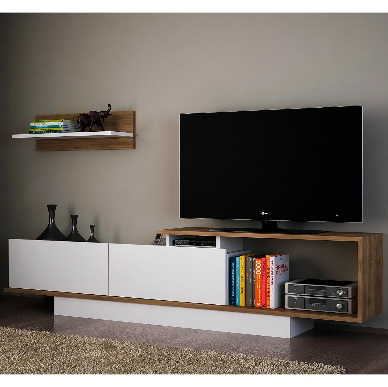 Loftscape Ensemble meubles TV Atfih (2 éléments) - Blanc / Imitation noyer 3 Loftscape Ensemble meubles TV Atfih (2 éléments) - Blanc / Imitation noyer