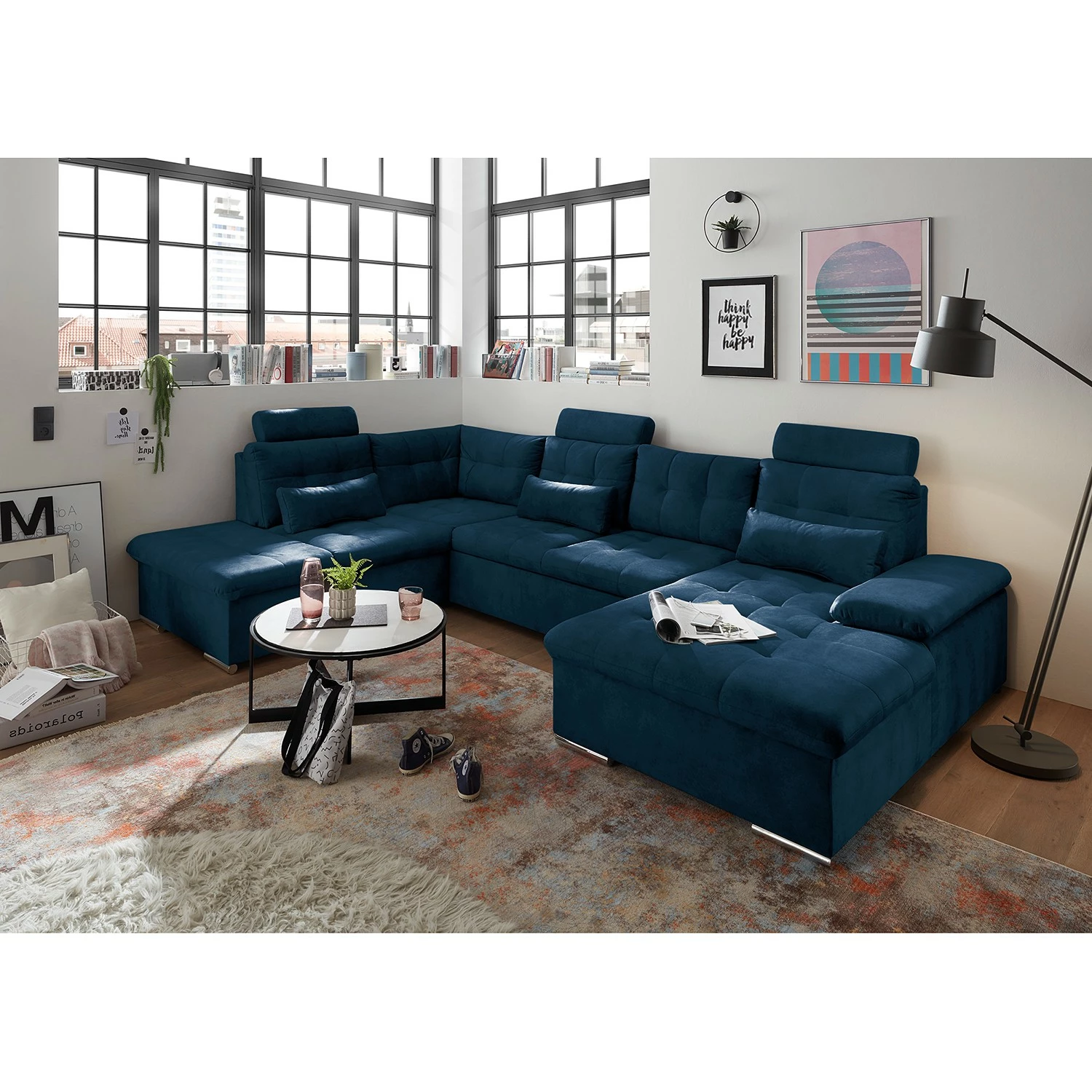 Fredriks Canapé panoramique Puntiro III - Microfibre Salvo: Bleu nuit - Méridienne courte à droite / longue à gauche (vue de face) - Avec fonction couchage 4 Fredriks Canapé panoramique Puntiro III - Microfibre Salvo: Bleu nuit - Méridienne courte à droite / longue à gauche (vue de face) - Avec fonction couchage – Image 2