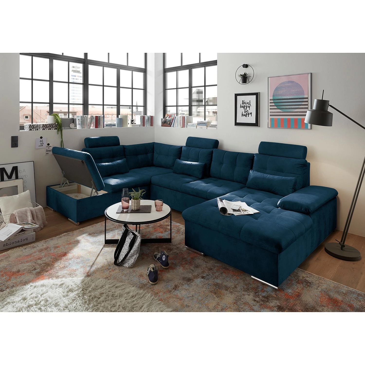 Fredriks Canapé panoramique Puntiro III - Microfibre Salvo: Bleu nuit - Méridienne courte à droite / longue à gauche (vue de face) - Avec fonction couchage 7 Fredriks Canapé panoramique Puntiro III - Microfibre Salvo: Bleu nuit - Méridienne courte à droite / longue à gauche (vue de face) - Avec fonction couchage – Image 5