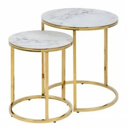 Fredriks Tables gigognes Katori II (lot de 2) - Verre / Métal - Imitation marbre blanc / Doré
