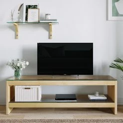 Loftscape Banc TV Mömbris - Verre / Chêne massif - Noir fumé / Chêne clair