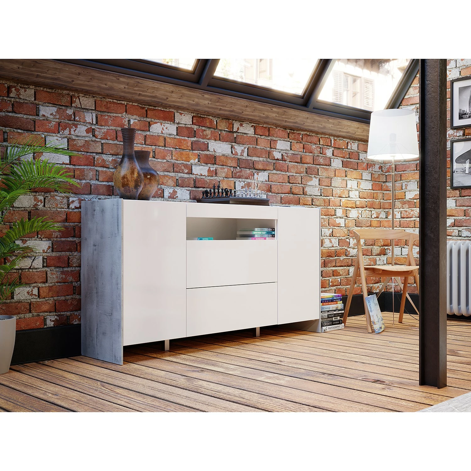 Loftscape Buffet Urban I - Éclairage Éclairage - Blanc / Imitation chêne gris 4 Loftscape Buffet Urban I - Éclairage Éclairage - Blanc / Imitation chêne gris – Image 2