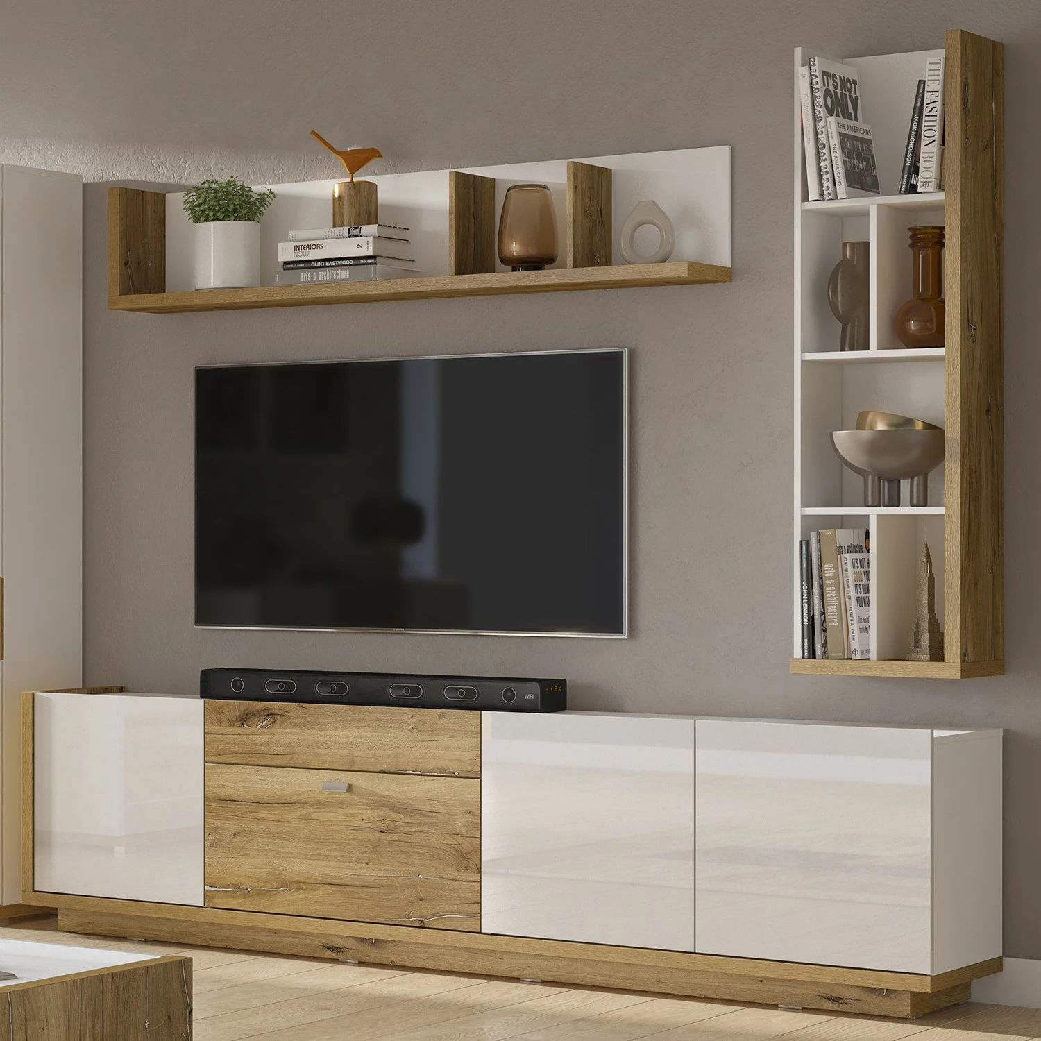 Loftscape Ensemble meubles TV Lahntal I (3 élém.) - Blanc brillant / Imitation chêne à nœuds 3 Loftscape Ensemble meubles TV Lahntal I (3 élém.) - Blanc brillant / Imitation chêne à nœuds