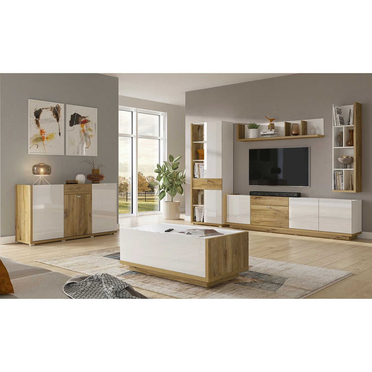 Loftscape Ensemble meubles TV Lahntal I (3 élém.) - Blanc brillant / Imitation chêne à nœuds 4 Loftscape Ensemble meubles TV Lahntal I (3 élém.) - Blanc brillant / Imitation chêne à nœuds – Image 2