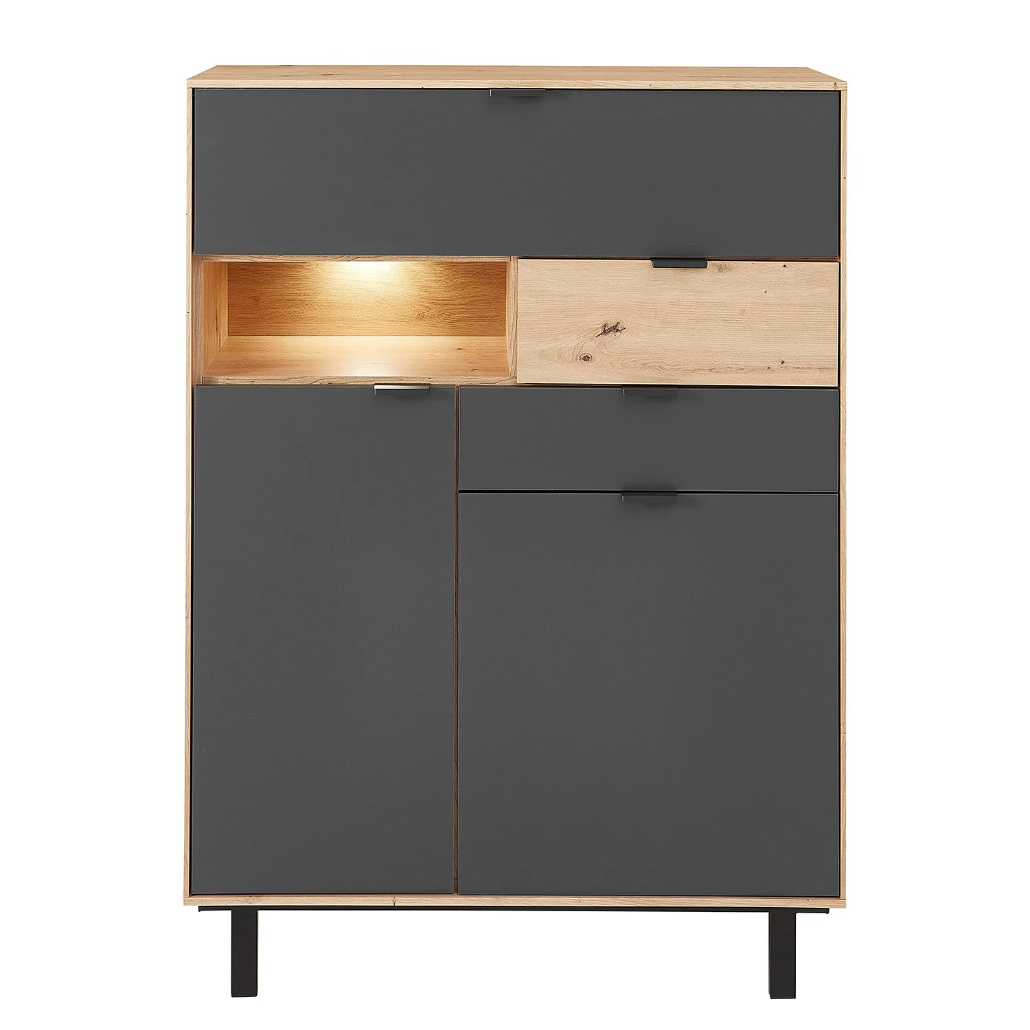 Fashion For Home Buffet haut Leox - Avec éclairage inclus - Graphite / Imitation chêne artisan 4 Fashion For Home Buffet haut Leox - Avec éclairage inclus - Graphite / Imitation chêne artisan – Image 2