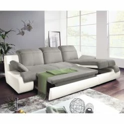 Cotta Canapé d'angle Delsbo (convertible) - Blanc / Gris - Méridienne courte à droite (vue de face) -loftscape Boutique ecksofa delsbo mit schlaffunktion kunstleder flachgewebe longchair davorstehend rechts weiss grau 3511141