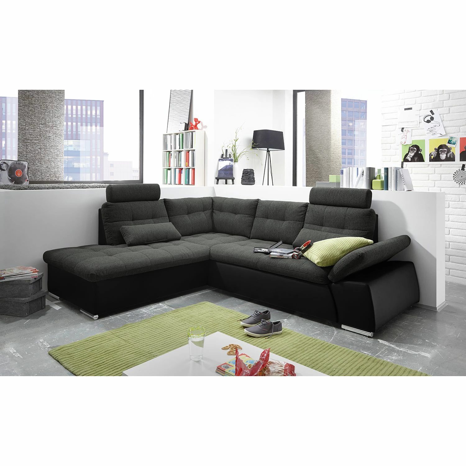 Fredriks Canapé d'angle Puntiro (convertible) - Cuir synthétique Lilo / Tissu structuré Satur: Noit / Anthracite - Méridienne longue à gauche (vue de face) 7 Fredriks Canapé d'angle Puntiro (convertible) - Cuir synthétique Lilo / Tissu structuré Satur: Noit / Anthracite - Méridienne longue à gauche (vue de face) – Image 5