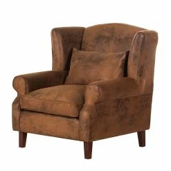 Ars manufacti Fauteuil à oreilles Naru - Imitation cuir vieilli - Marron - Tissu Bena Marron