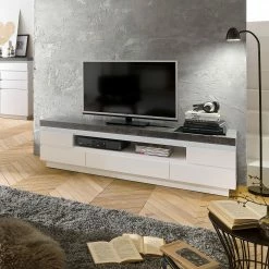 Fredriks Meuble TV Namona II - Éclairage inclus - Imitation béton / Blanc -loftscape Boutique tv lowboard namona ii inkl beleuchtung weiss anthrazit weiss anthrazit 3666761