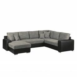 Roomscape Canapé panoramique Berrings - Convertible - Imitation cuir / Tissu structuré - Noir / Gris - Méridienne courte à gauche (vue de face)