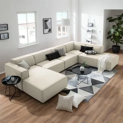 Canapé panoramique Kinx Tissu - Tissu Osta: Blanc vieilli - Méridienne courte à gauche / longue à droite (vue de face) -loftscape Boutique wohnlandschaft kinx webstoff longchair davorstehend rechts ottomane links stoff osta altweiss 4657668