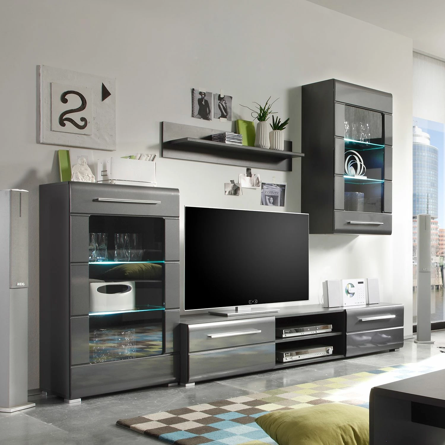 Loftscape Meuble TV Tadeus I (4 éléments) - Avec éclairage Gris brillant / 3 Loftscape Meuble TV Tadeus I (4 éléments) - Avec éclairage Gris brillant /