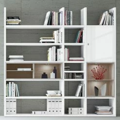 Loftscape Etagère XL Emporior lV - Blanc brillant / Imitation chêne de Sonoma - Avec éclairage -loftscape Boutique xl regalwand emporior iv mit beleuchtung hochglanz weiss eiche sonoma dekor 2116714