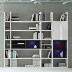 Loftscape Etagère XXL Emporior IV.B - Blanc brillant / Noir - Avec éclairage -loftscape Boutique xxl regalwand emporior iv b mit beleuchtung hochglanz weiss schwarz 2202978